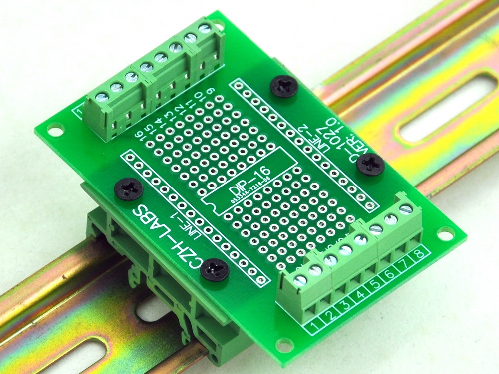 DIP-16 Component to Screw Terminal Adapter PCB, w/Simple DIN Rail Mount Bracket.