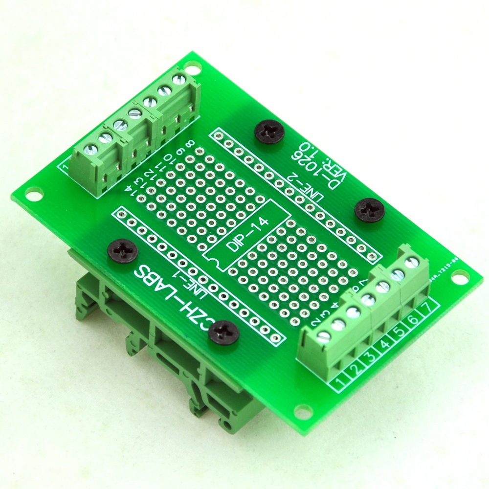 DIP-14 Component to Screw Terminal Adapter PCB, w/Simple DIN Rail Mount Bracket.