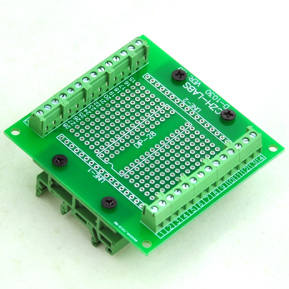 DIP-28 Component to Screw Terminal Adapter PCB, w/Simple DIN Rail Mount Bracket.