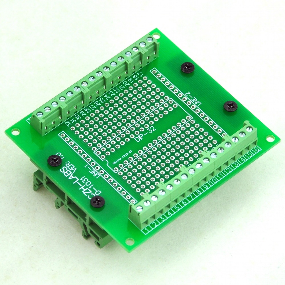 DIP-32 Component to Screw Terminal Adapter PCB, w/Simple DIN Rail Mount Bracket.