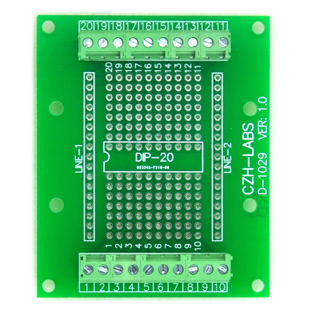 DIP-20 Component to Screw Terminal Adapter PCB, w/Simple DIN Rail Mount Bracket.