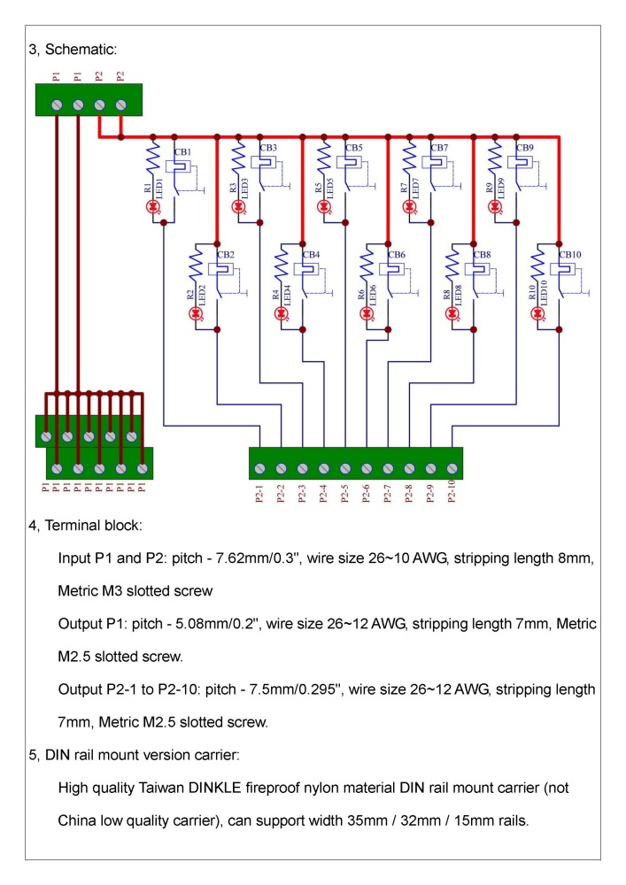 DIN Rail Mount 10 Position Thermal Circuit Breaker Power Distribution Module.