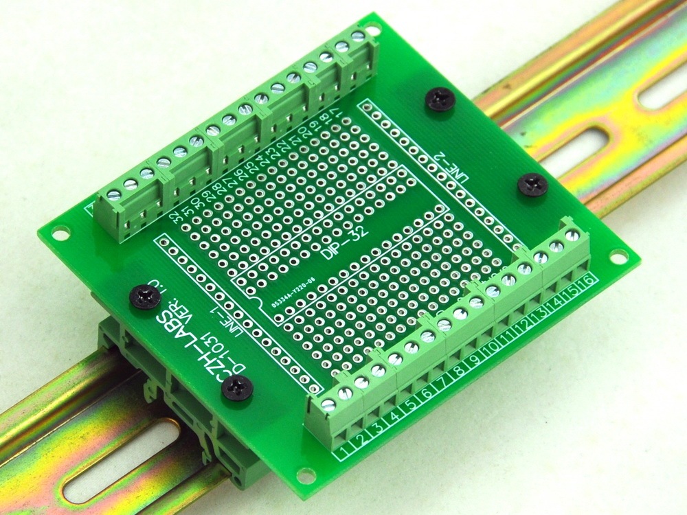 DIP-32 Component to Screw Terminal Adapter PCB, w/Simple DIN Rail Mount Bracket.