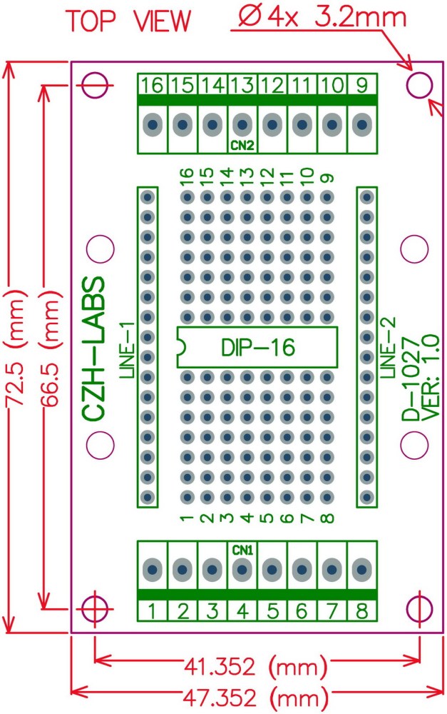 DIP-16 Component to Screw Terminal Adapter PCB, w/Simple DIN Rail Mount Bracket.
