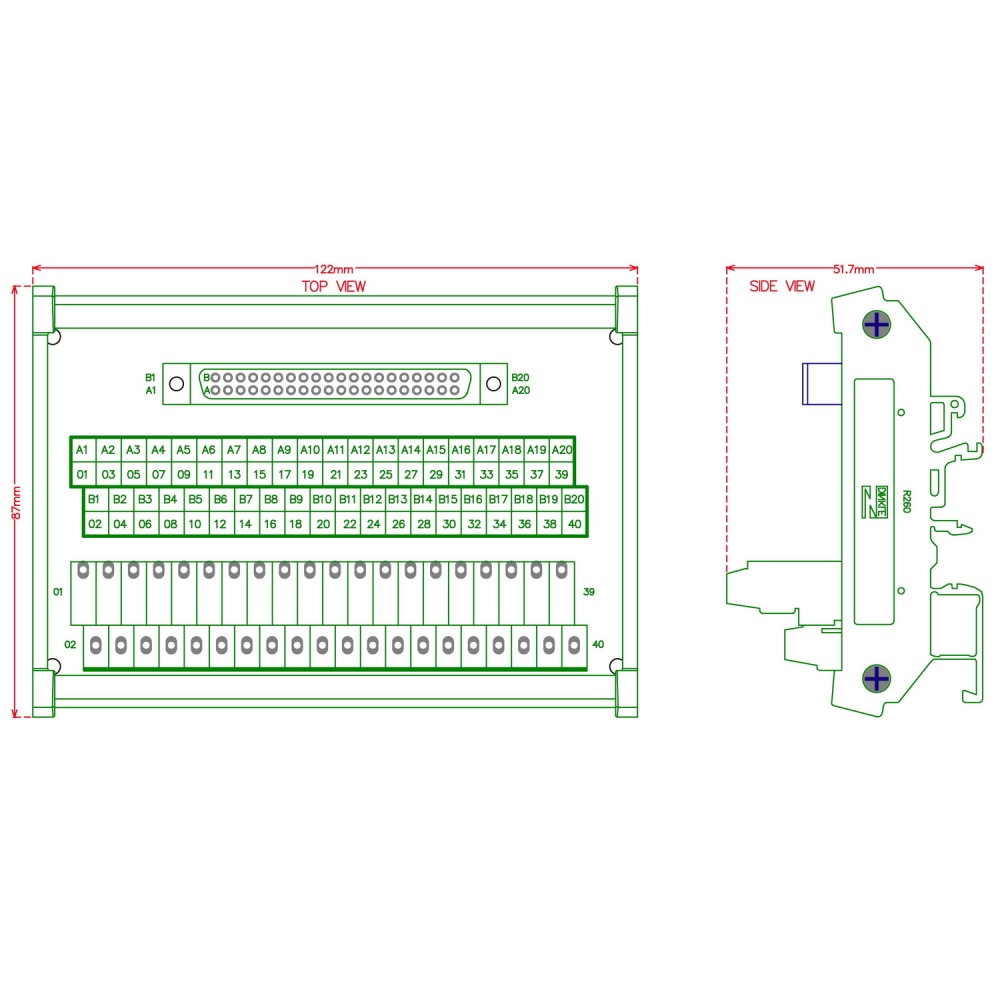 Compatible XW2B-40F5-P 40Pin Rectangular Connector-Terminal Block Conversion Module, for PLC Wiring. MD-D1235T-1