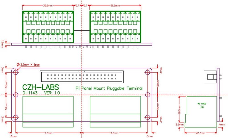 Pi Panel Mount Pluggable Terminal Block Breakout Module, for Raspberry Pi.