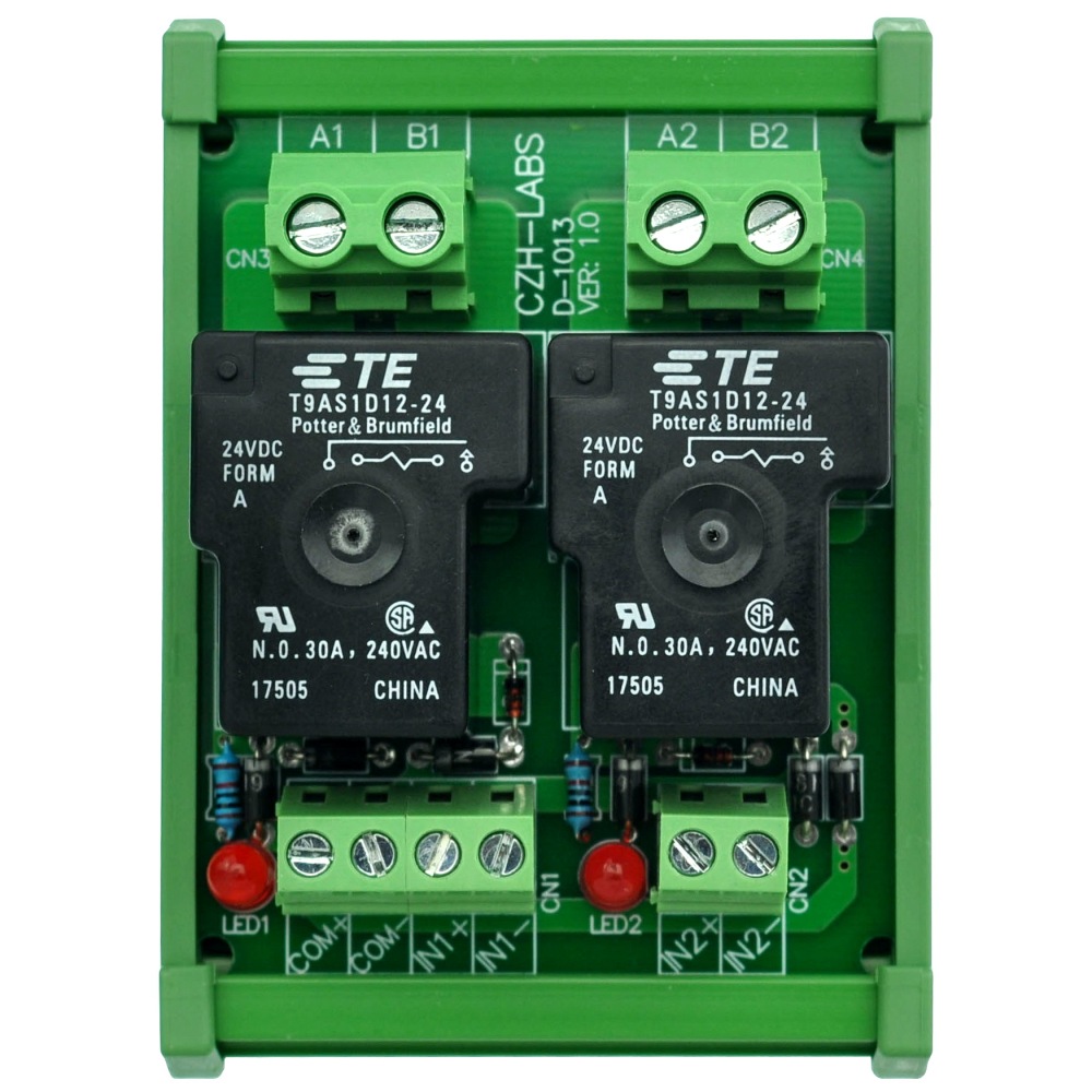 CZH-Labs DIN Rail Mount 24V Passive 2 SPST-NO 30Amp Power Relay Module.