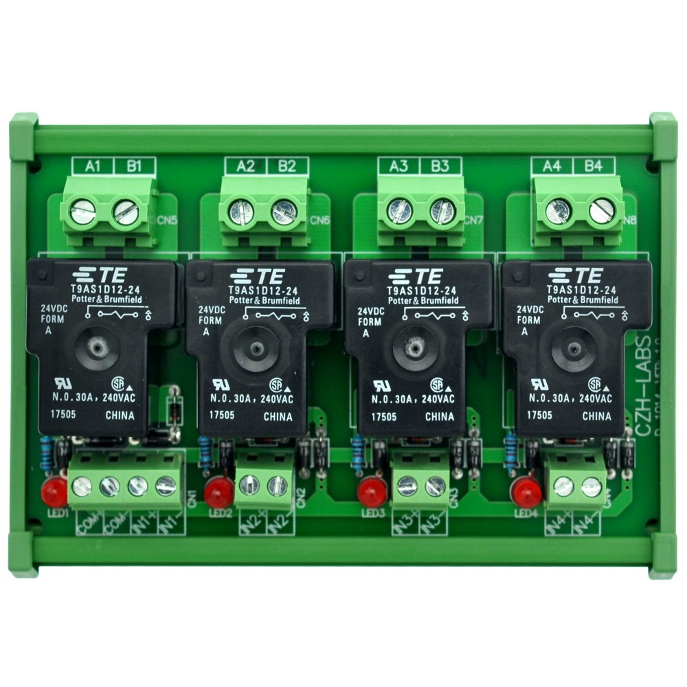 CZH-Labs DIN Rail Mount 24V Passive 4 SPST-NO 30Amp Power Relay Module.
