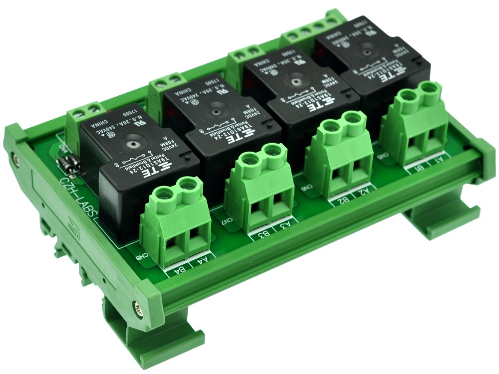 CZH-Labs DIN Rail Mount 24V Passive 4 SPST-NO 30Amp Power Relay Module.