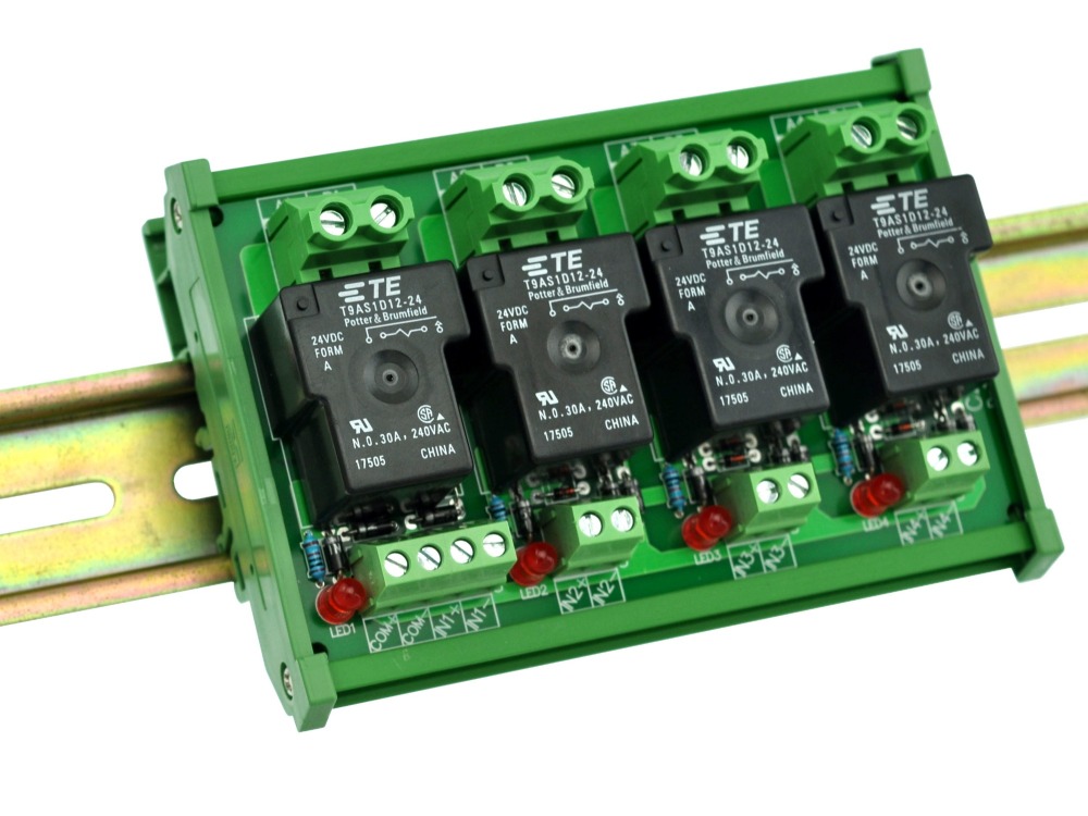 CZH-Labs DIN Rail Mount 24V Passive 4 SPST-NO 30Amp Power Relay Module.