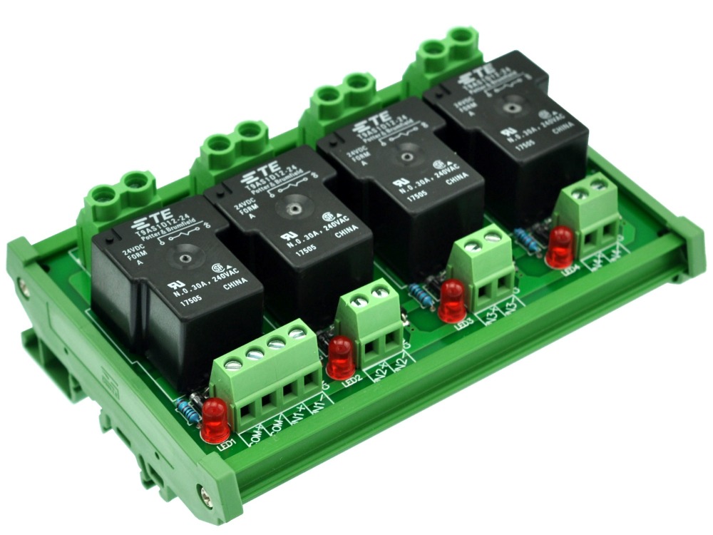 CZH-Labs DIN Rail Mount 24V Passive 4 SPST-NO 30Amp Power Relay Module.