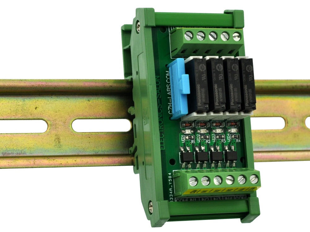 CZH-LABS DIN Rail Mount Passive DC5V 4 SPST-NO 5Amp APAN3105 Slim Power Relay Module.