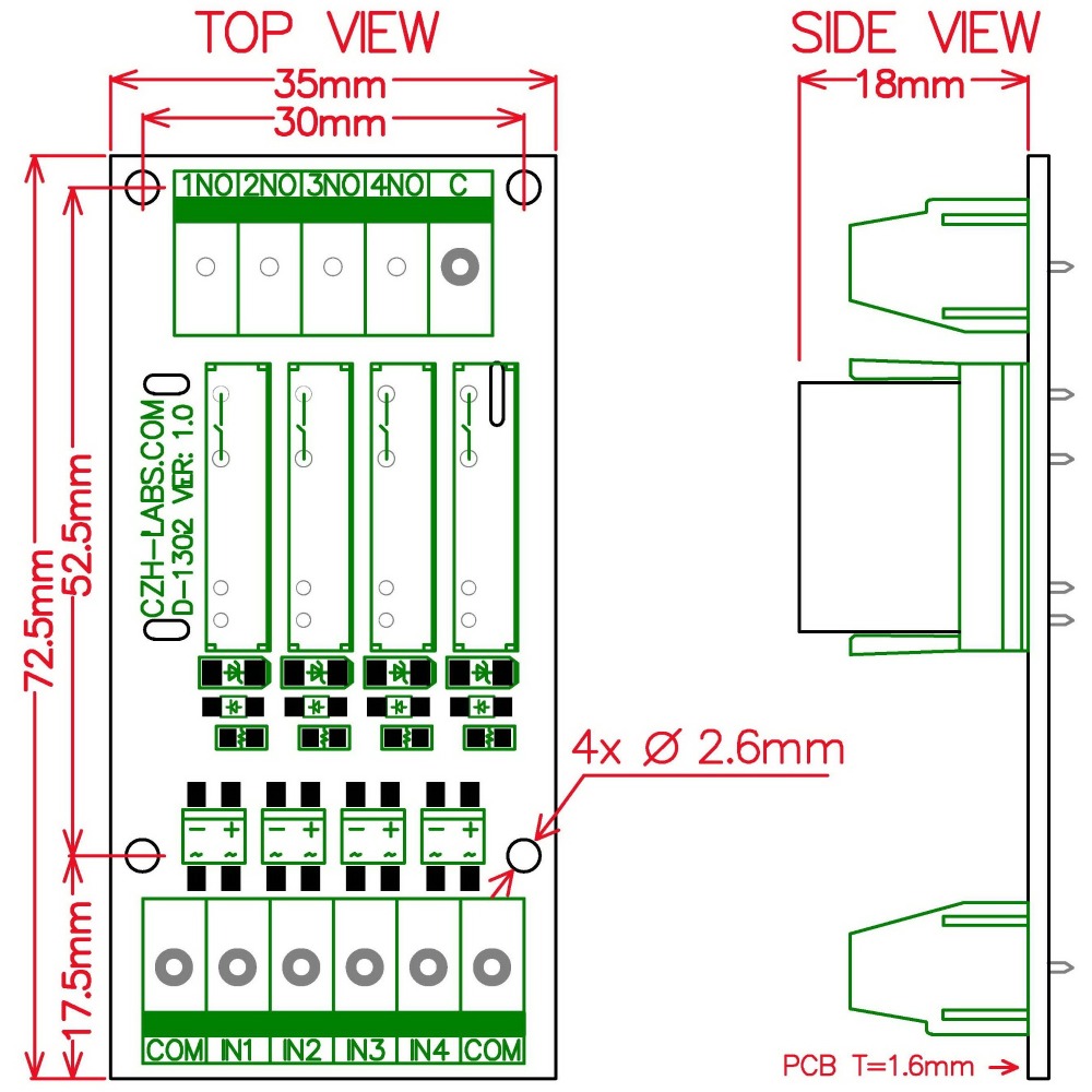 CZH-LABS Passive DC12V 4 SPST-NO 5Amp APAN3112 Slim Power Relay Module.
