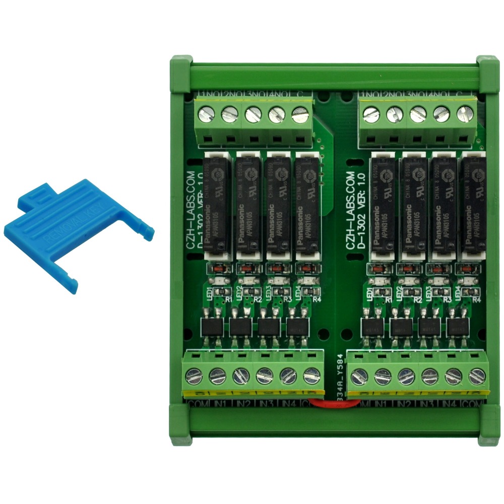 CZH-LABS DIN Rail Mount Passive DC5V 8 SPST-NO 5Amp APAN3105 Slim Power Relay Module.