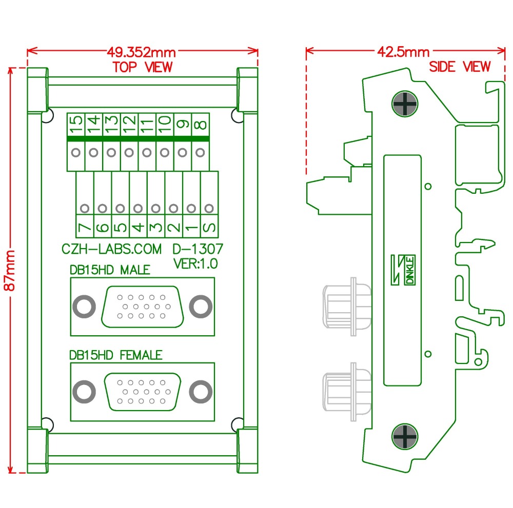 CZH-LABS DIN Rail Mount DSUB DB15HD Male/Female Header Interface Module, D-SUB Breakout Board.