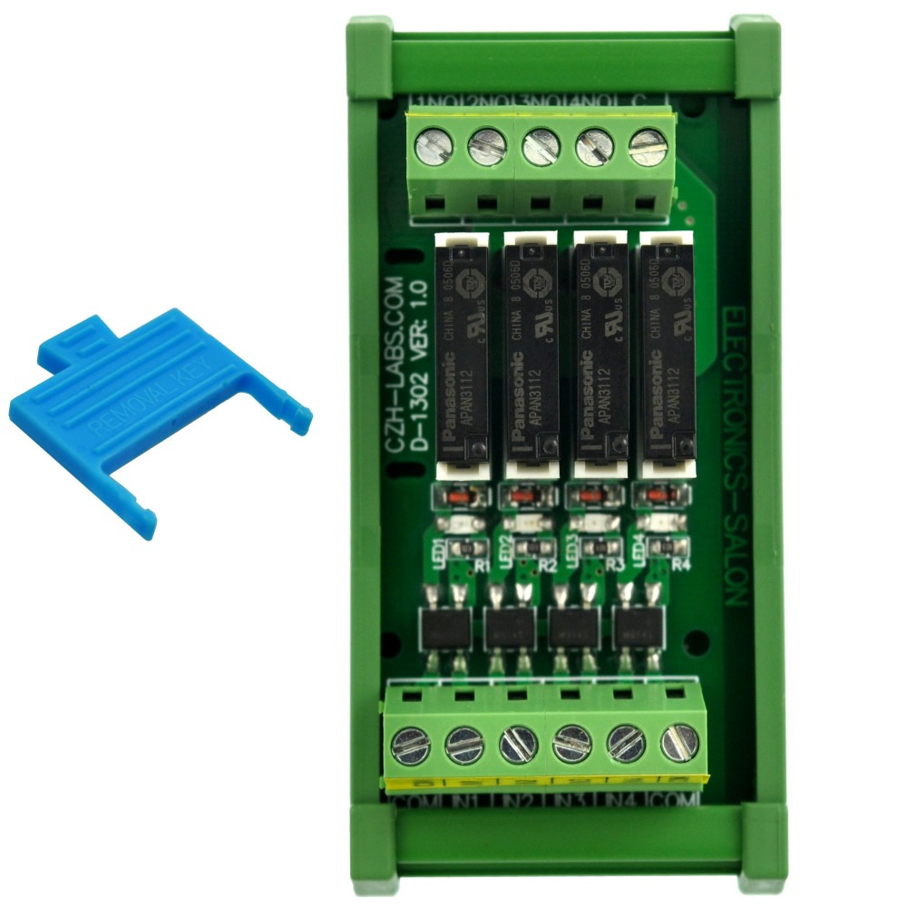 CZH-LABS DIN Rail Mount Passive DC12V 4 SPST-NO 5Amp APAN3112 Slim Power Relay Module.