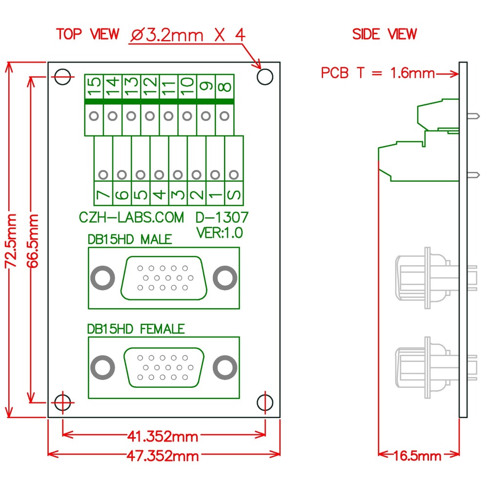 CZH-LABS DIN Rail Mount DSUB DB15HD Male/Female Header Interface Module, D-SUB Breakout Board.