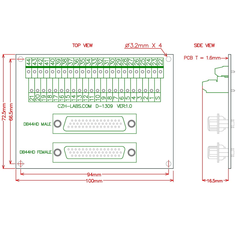 CZH-LABS DSUB DB44HD Male/Female Header Breakout Board, D-SUB Breakout Moudle.