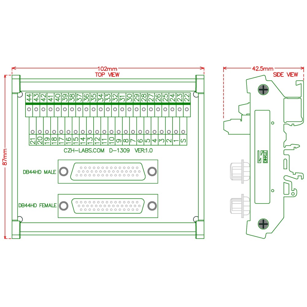 CZH-LABS DIN Rail Mount DSUB DB44HD Male/Female Header Interface Module, D-SUB Breakout Board.