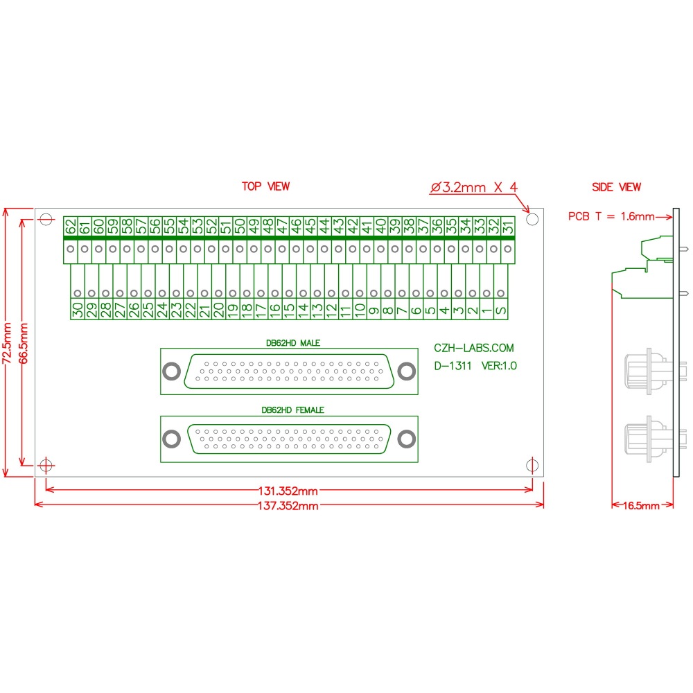 CZH-LABS DSUB DB62HD Male/Female Header Breakout Board, D-SUB Breakout Moudle.