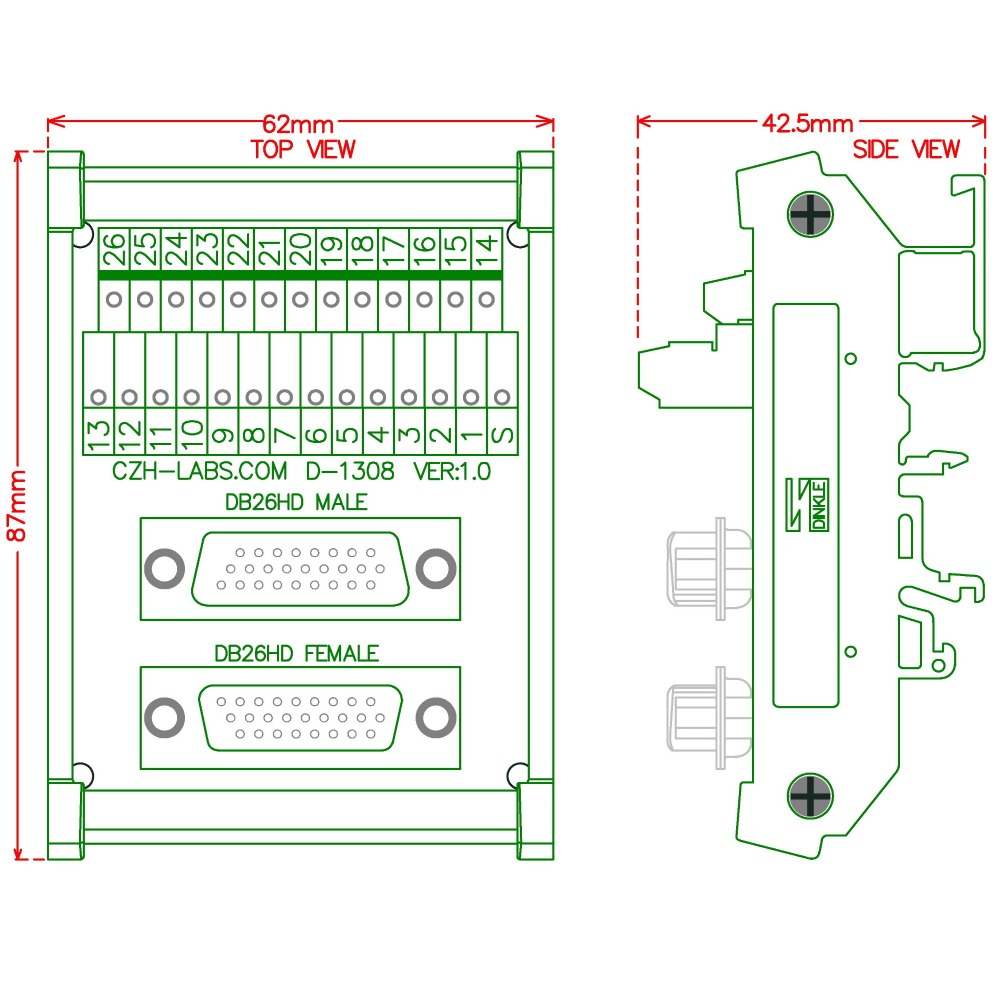 CZH-LABS DIN Rail Mount DSUB DB26HD Male/Female Header Interface Module, D-SUB Breakout Board.