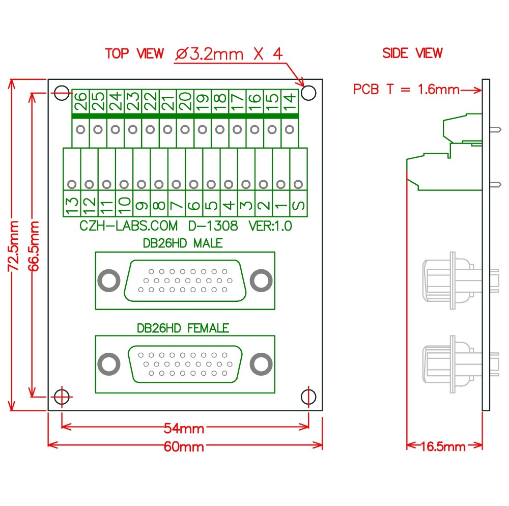 CZH-LABS DIN Rail Mount DSUB DB26HD Male/Female Header Interface Module, D-SUB Breakout Board.