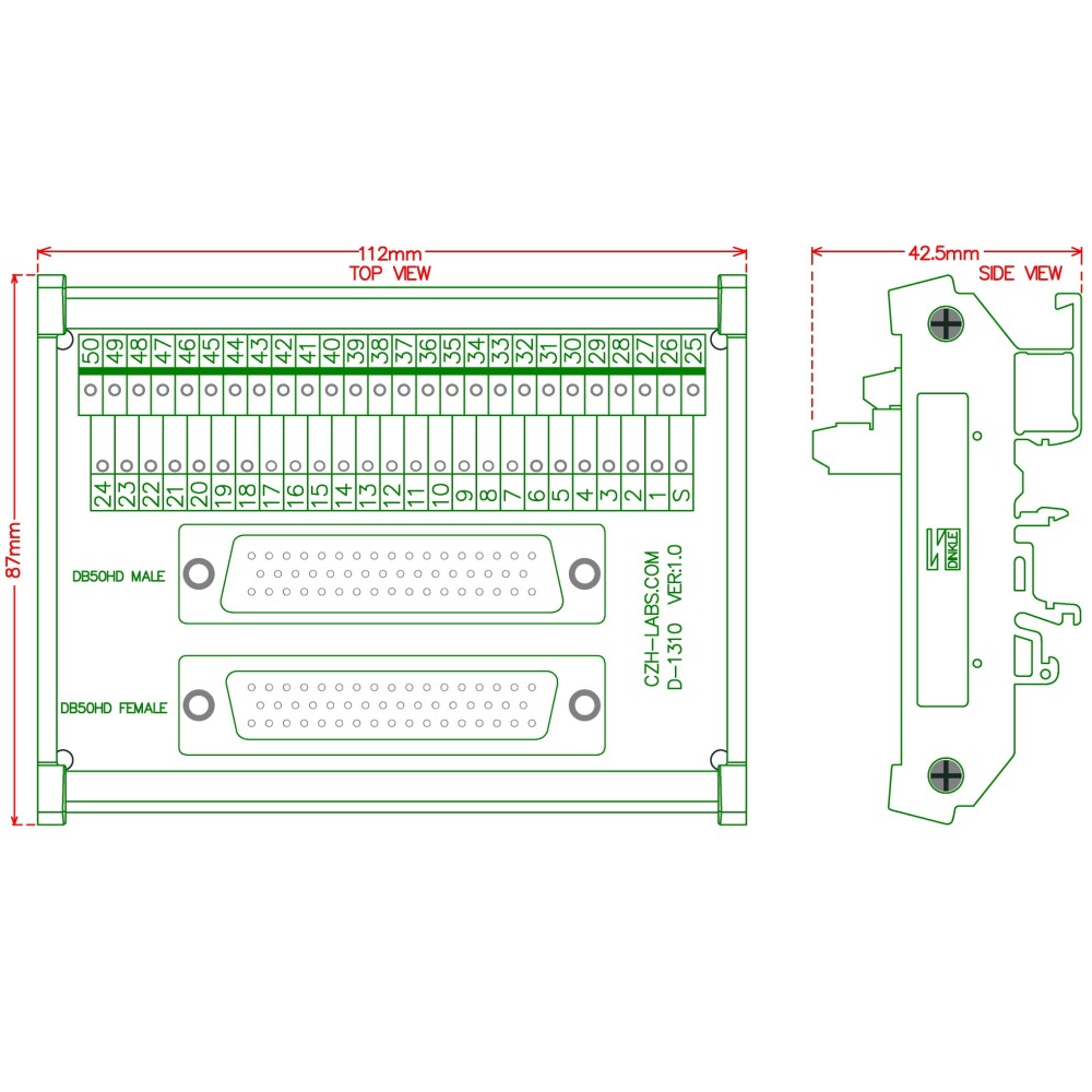 CZH-LABS DIN Rail Mount DSUB DB50 Male/Female Header Interface Module, D-SUB Breakout Board.