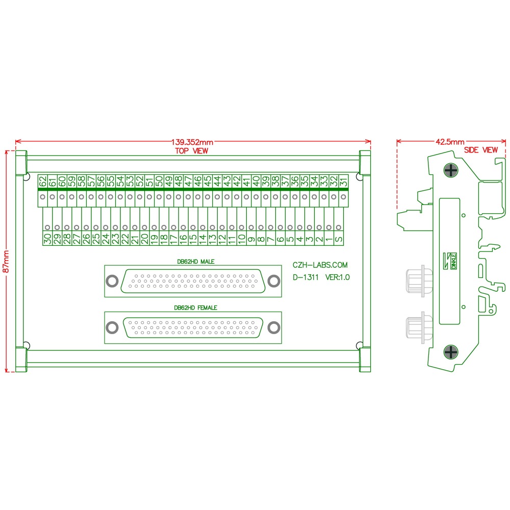 CZH-LABS DIN Rail Mount DSUB DB62HD Male/Female Header Interface Module, D-SUB Breakout Board.