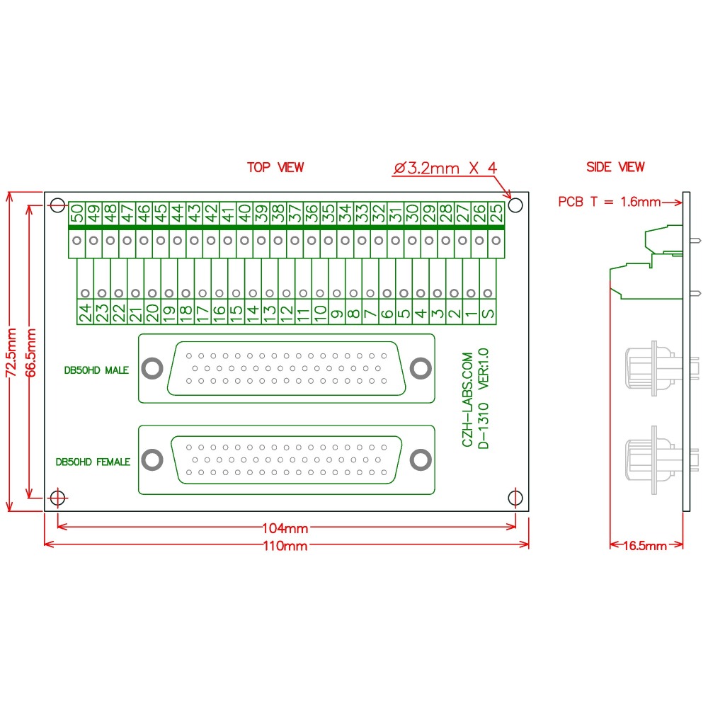 CZH-LABS DIN Rail Mount DSUB DB50 Male/Female Header Interface Module, D-SUB Breakout Board.