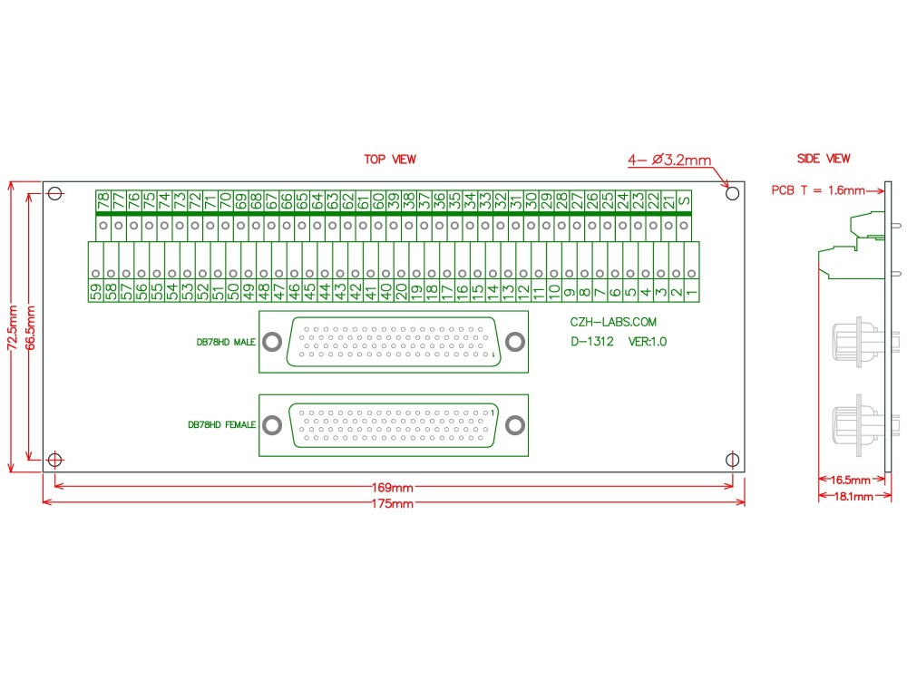CZH-LABS DIN Rail Mount DSUB DB78HD Male/Female Header Interface Module, D-SUB Breakout Board.