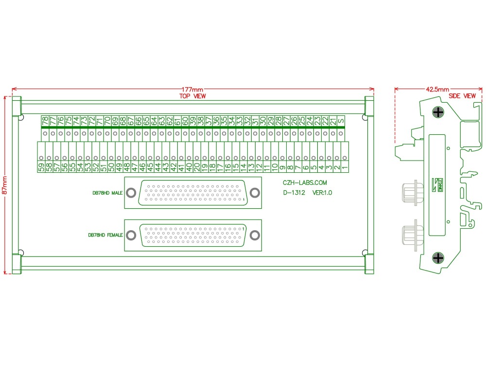 CZH-LABS DIN Rail Mount DSUB DB78HD Male/Female Header Interface Module, D-SUB Breakout Board.