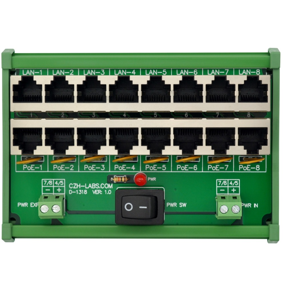 CZH-LABS DIN Rail Mount 8 Ports Passive RJ45 PoE Power Injection Board, Power Over Ethernet Injector Module.