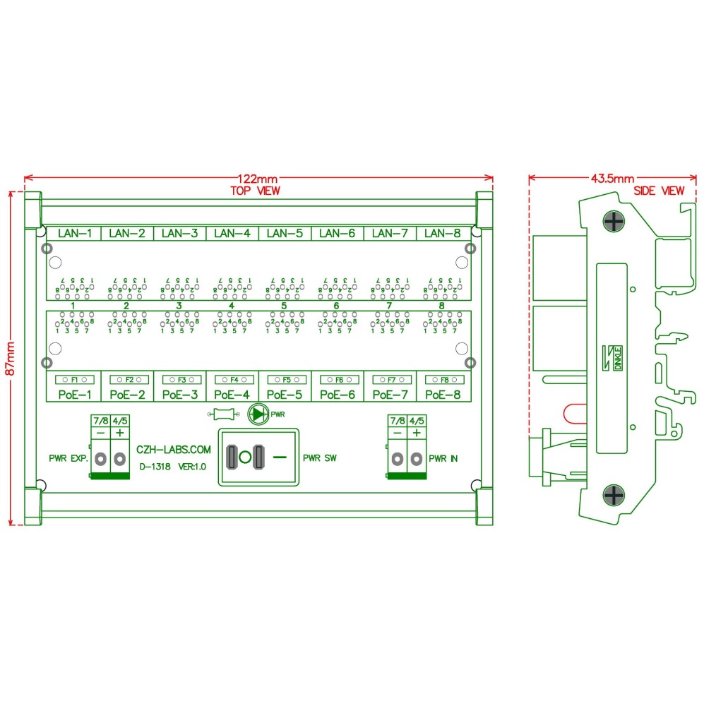 CZH-LABS DIN Rail Mount 8 Ports Passive RJ45 PoE Power Injection Board, Power Over Ethernet Injector Module.