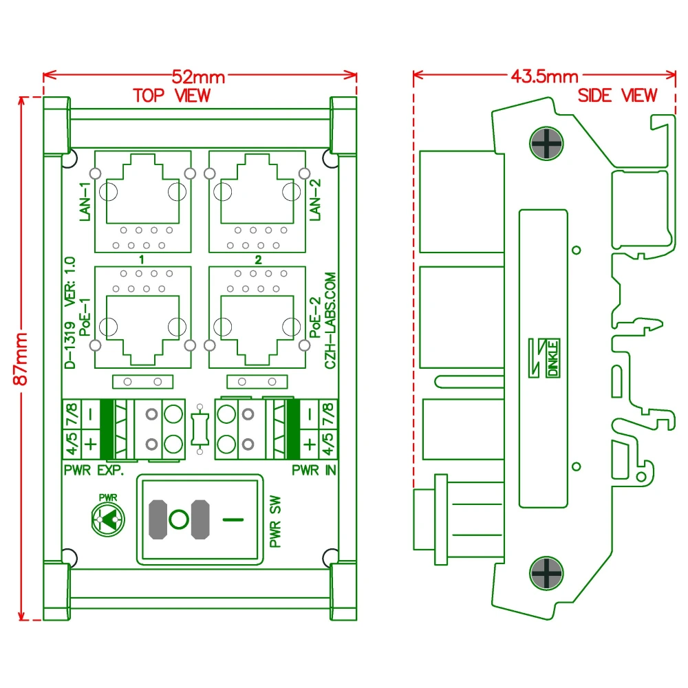CZH-LABS DIN Rail Mount 2 Ports Passive RJ45 PoE Power Injection Board ...