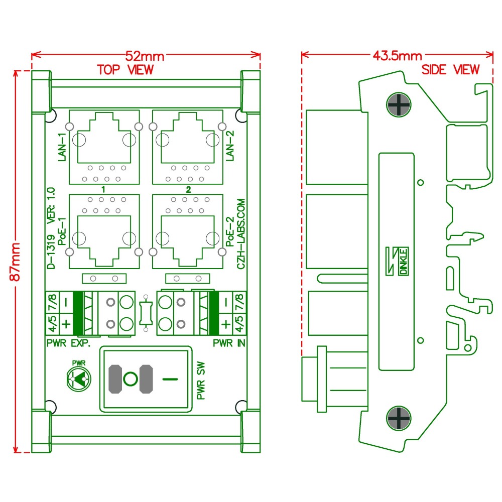 CZH-LABS DIN Rail Mount 2 Ports Passive RJ45 PoE Power Injection Board, Power Over Ethernet Injector Module.