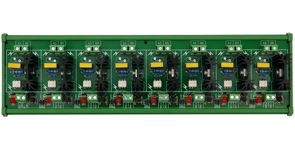 ELECTRONICS-SALON DIN Rail Mount 8 Channel 6 Amp SSR Module Board, in 4~32VDC, out 100~240VAC.