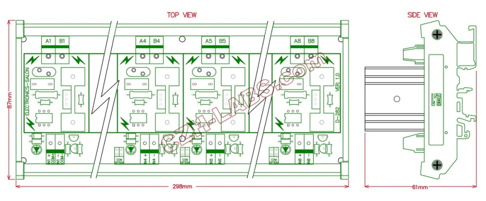 ELECTRONICS-SALON DIN Rail Mount 8 Channel 6 Amp SSR Module Board, in 4~32VDC, out 100~240VAC.