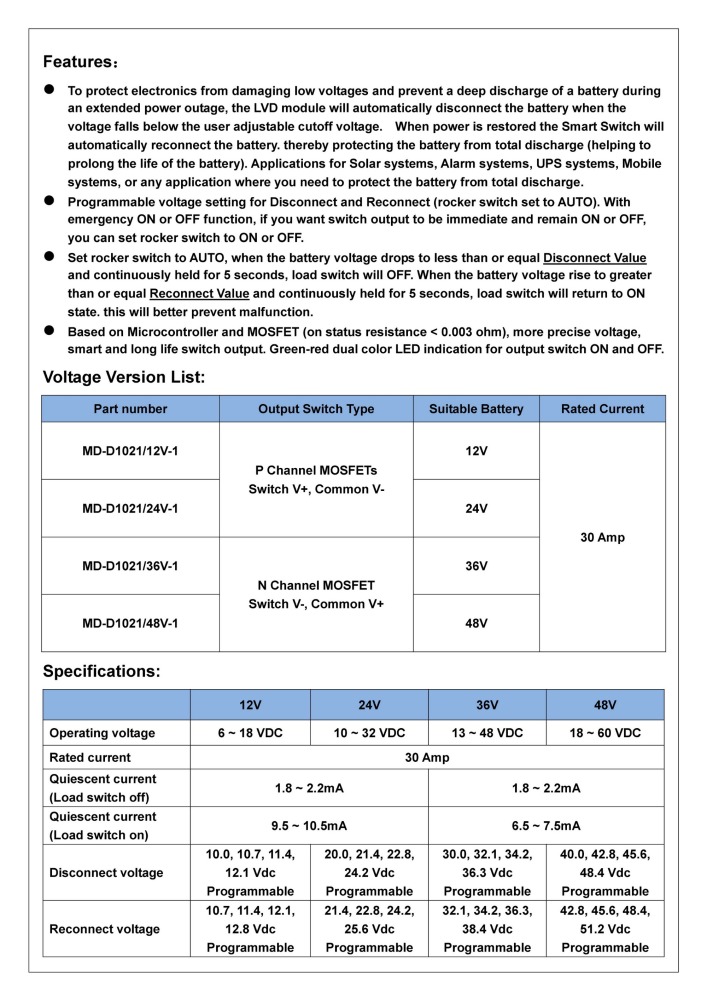 CZH-LABS Low Voltage Disconnect Module LVD, 24V 30A, Protect/Prolong Battery Life.