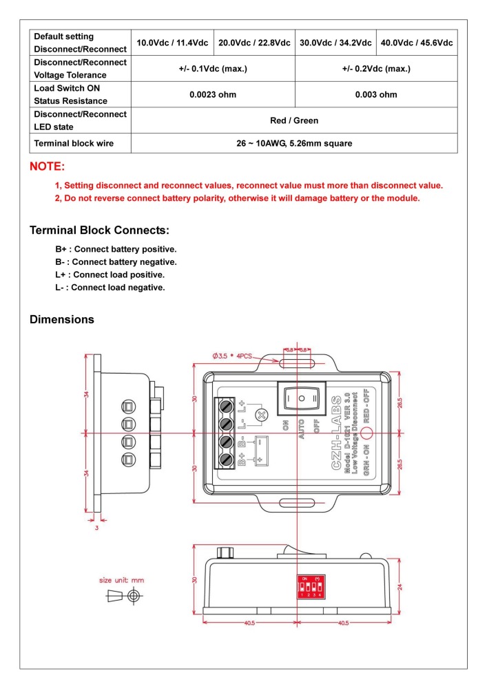CZH-LABS Low Voltage Disconnect Module LVD, 12V 30A, Protect/Prolong Battery Life.