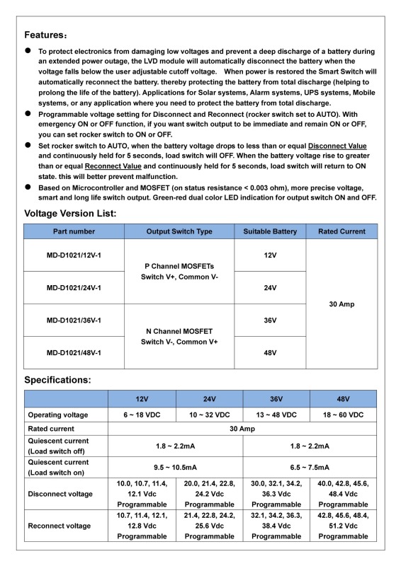 CZH-LABS Low Voltage Disconnect Module LVD, 36V 30A, Protect/Prolong Battery Life.