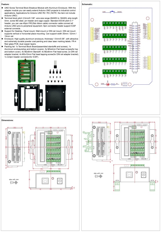 UNO Screw Terminal Block Breakout Module with Aluminum Enclosure, for Arduino UNO R3.
