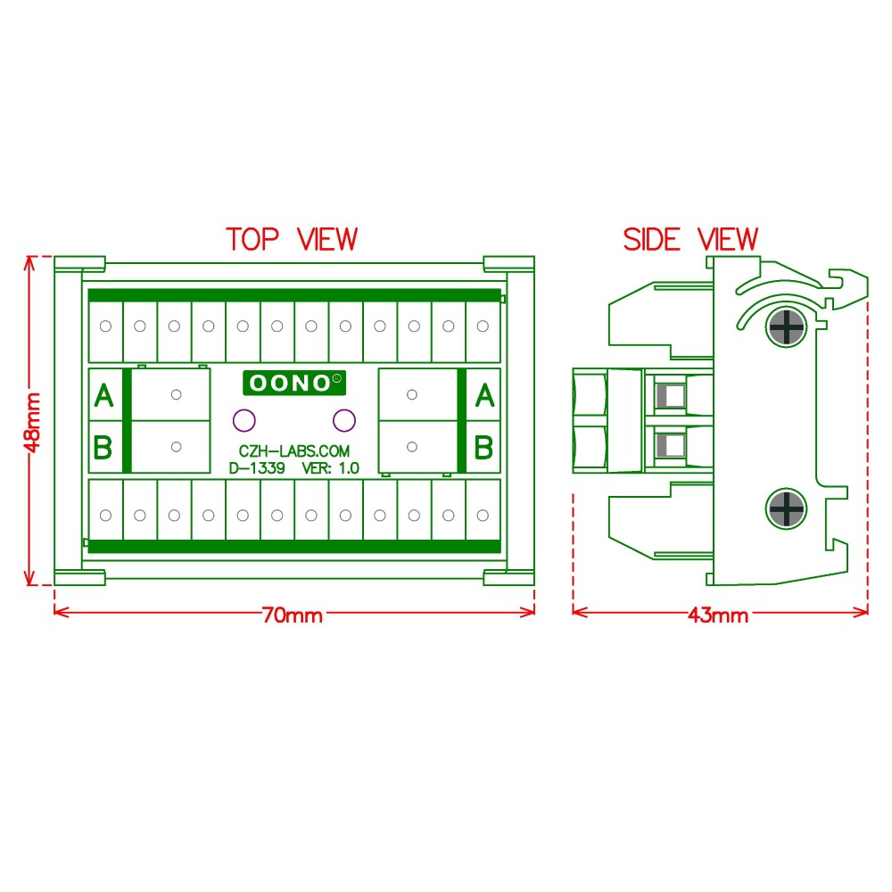 OONO DIN Rail Mount 30A/300V 2x12 Position Screw Terminal Block Distribution Module.