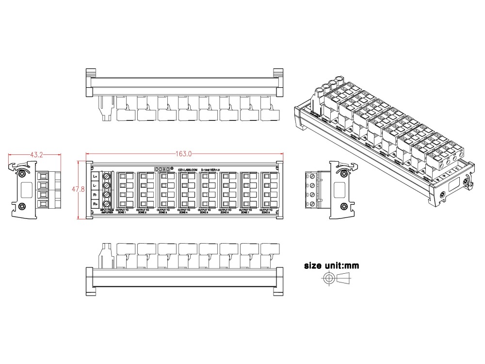 Whole House Audio Stereo 8-Zone Speaker Distribution Module with DIN Rail Mount Carrier
