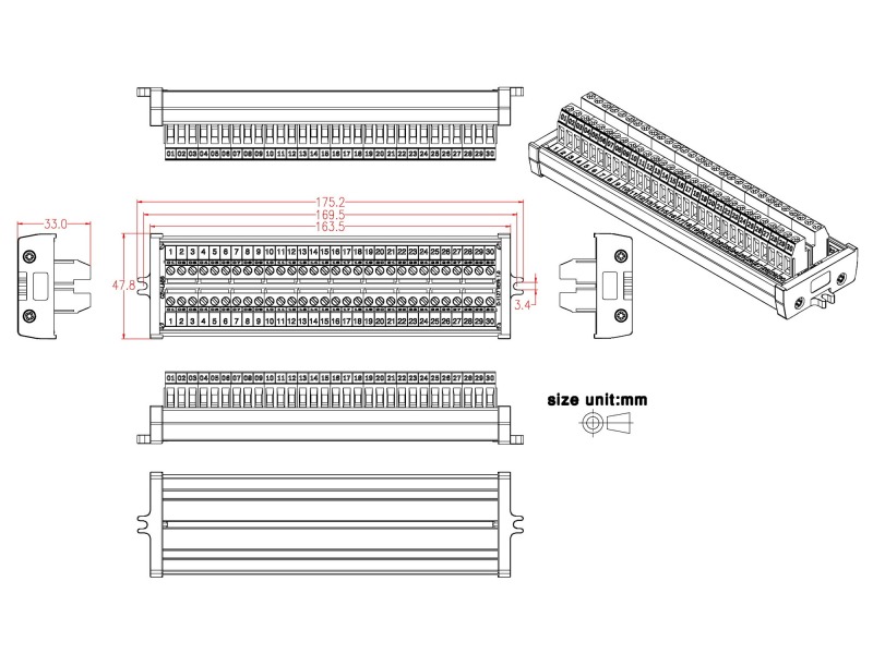 Screw Mount 24A/400V 30 Position Screw Terminal Block Distribution Module.