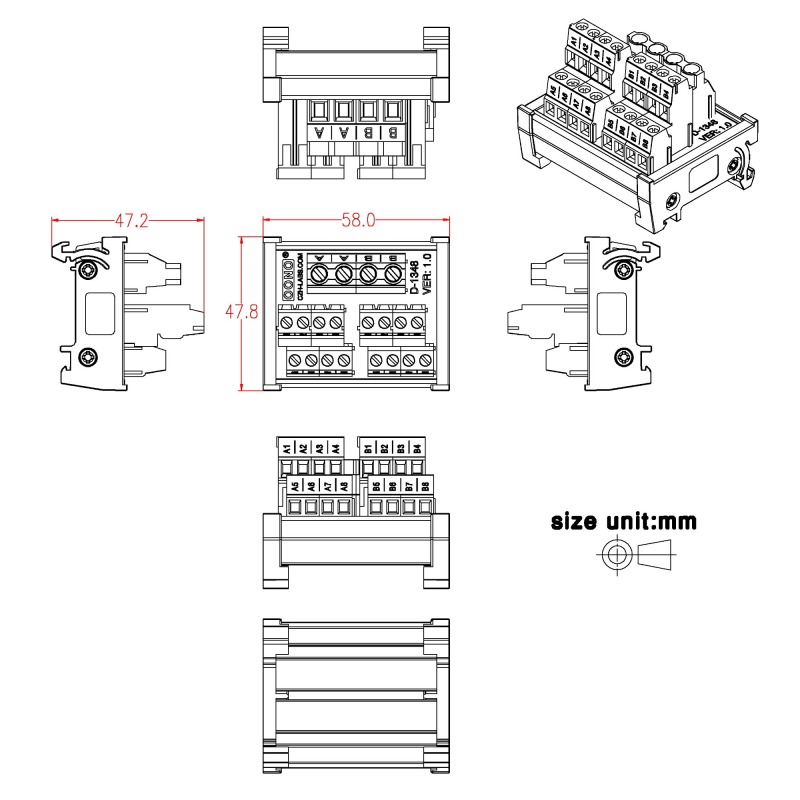 DIN Rail Mount 2x8 Position Screw Terminal Block Power Distribution Module
