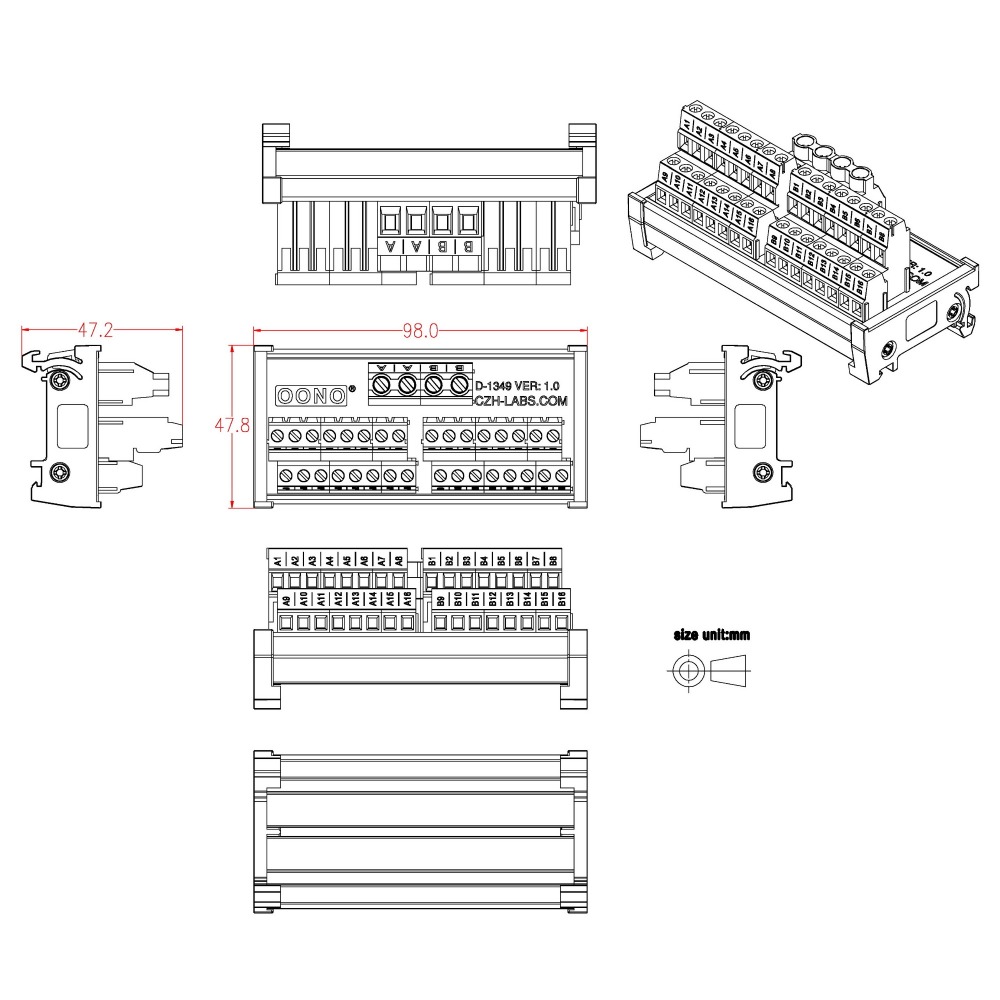 DIN Rail Mount 2x16 Position Screw Terminal Block Power Distribution Module