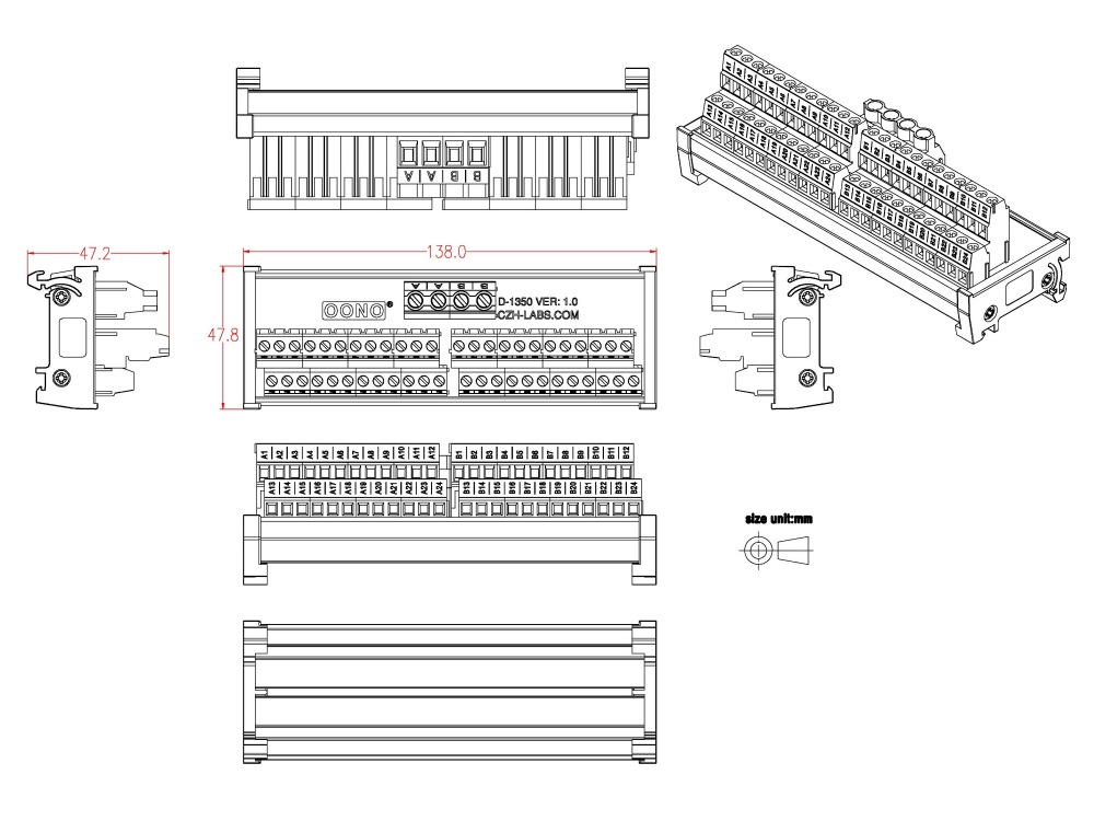 DIN Rail Mount 2x24 Position Screw Terminal Block Power Distribution Module