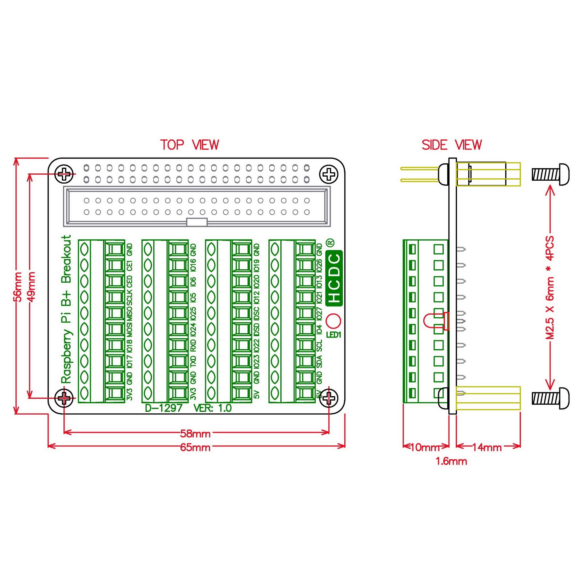 HCDC RPi GPIO Terminal Block Breakout Board HAT, for Raspberry Pi