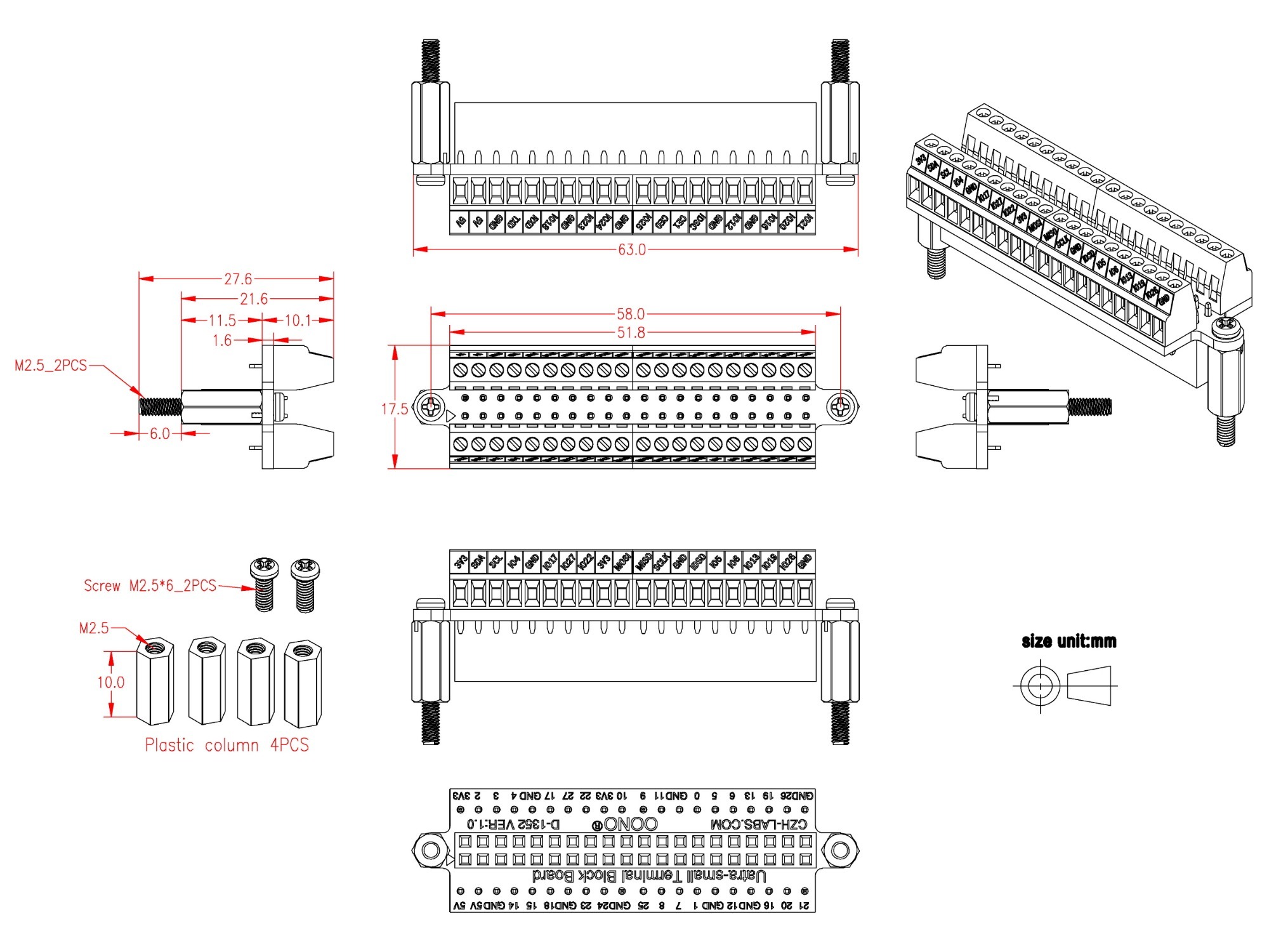 Ultra-small RPi GPIO Terminal Block Breakout Board Module, for Raspberry Pi