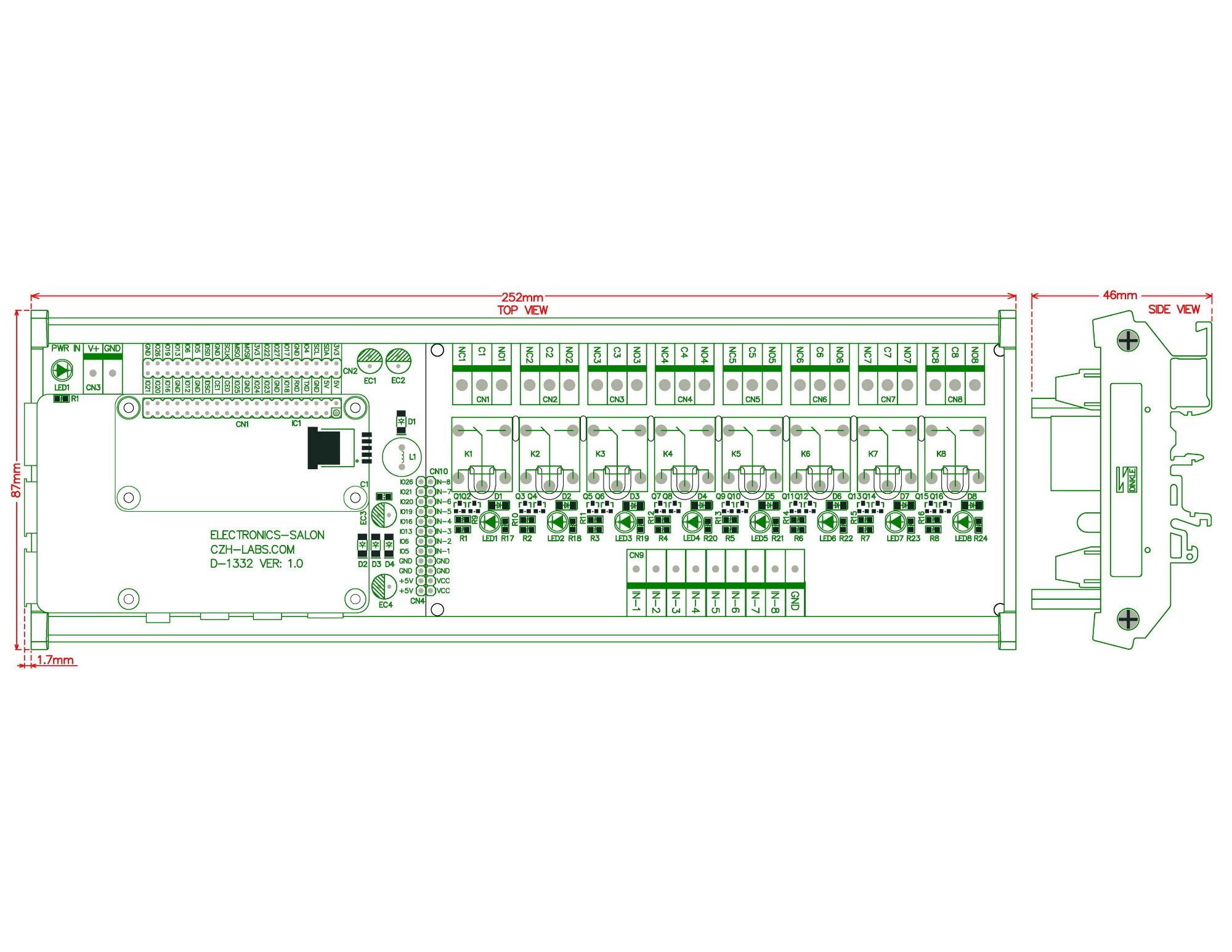 DIN Rail Mount 8 SPDT IoT Power Relay Module for Raspberry Pi